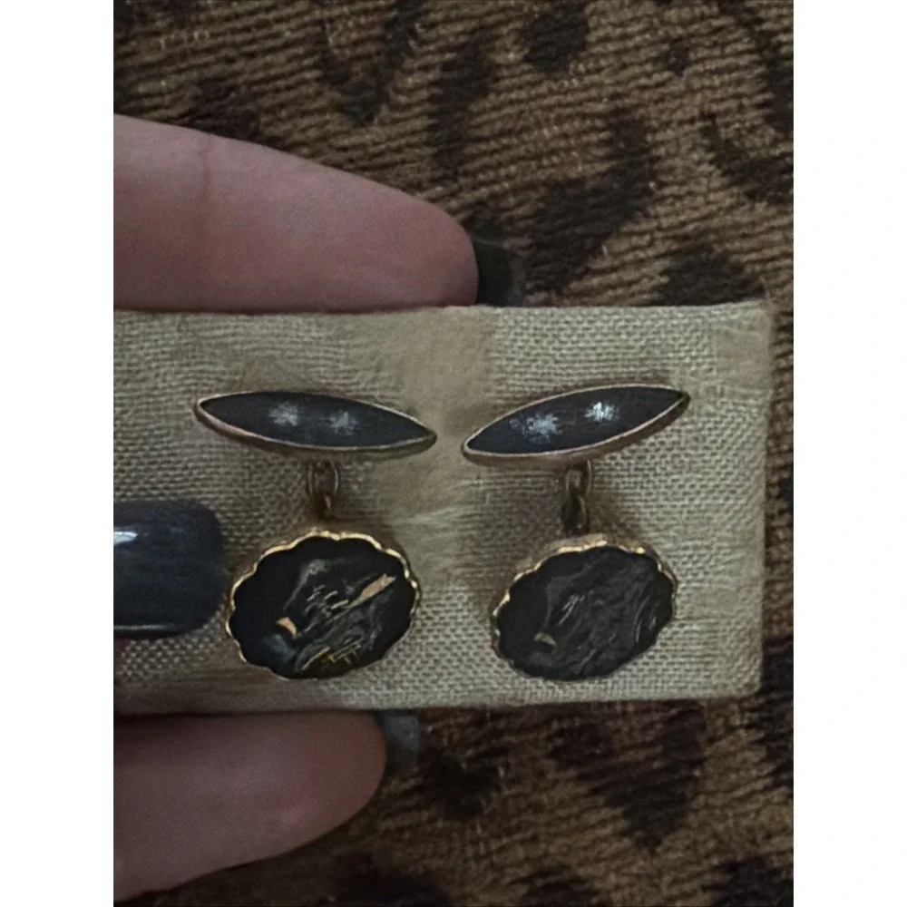 Black Gold Tone Cufflinks Asian Scenic Motif Damascene Style MCM VTG Orig Packg